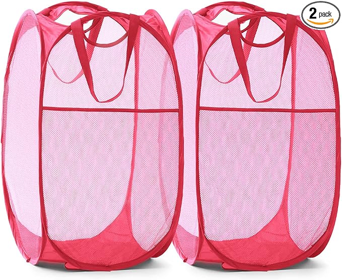 TECHMILLY Collapsible Mesh Pop Up Laundry Hamper with Sturdy Handles and Side Pocket - Portable Foldable Clothes Baskets for Dorm, Bathroom & Travel Storage (Pink, 2 Packs)