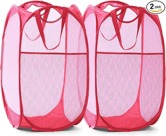 TECHMILLY Collapsible Mesh Pop Up Laundry Hamper with Sturdy Handles and Side Pocket - Portable Foldable Clothes Baskets for Dorm, Bathroom & Travel Storage (Pink, 2 Packs)