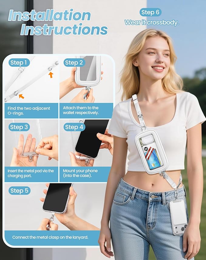 Clip and Go Strap for Phone with Wallet Crossbody, Detachable Wristlet Strap Pocket with Zipper Phone Screen ID Window, 2 Pcs Metal Tether Patches Compatibe with iPhone and Most Smartphones White
