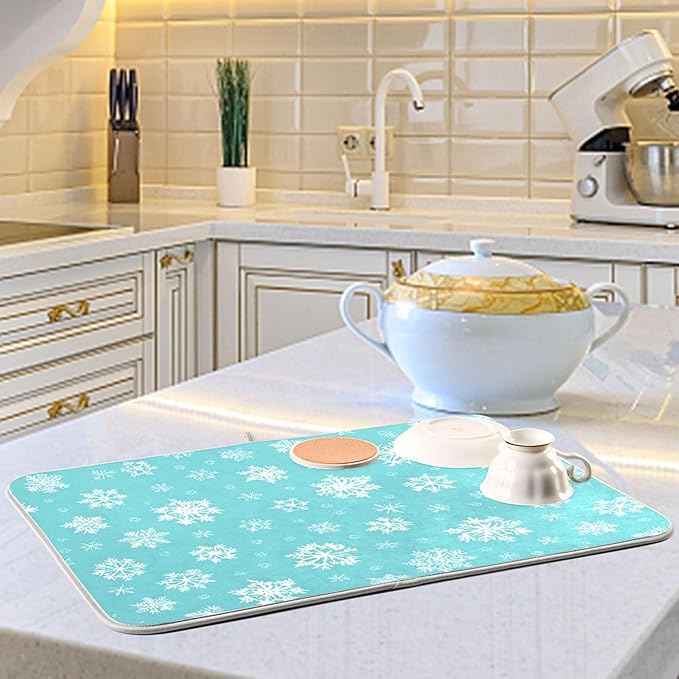 Winter Snowflake Turquoise Dish Drying Mat for Kitchen Countertop 18x24 Christmas Snow Aqua Xmas Large Drying Mat Reusable Quick Dry Dish Sink Mats Easy Clean Decorative Essentials