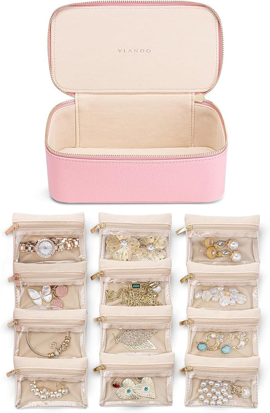 Vlando Jewelry Travel Case with 12 Velvet Jewelry Bags Travel Jewelry Orgainzer for Girls Jewelry Box for Necklace Rings Earrings Bags Christmas Gifts for Women Girls(Pink)