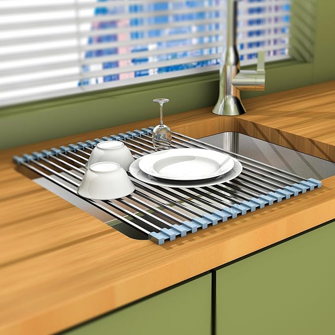 Roll Up Dish Drying Rack Over Sink Silicone Wrapped 304 Square Stainless Steel Dish Drainer Sink Counter Kitchen Home RV Essentials Foldable Sink Organizer,16.93" L×12.91" W,Grey