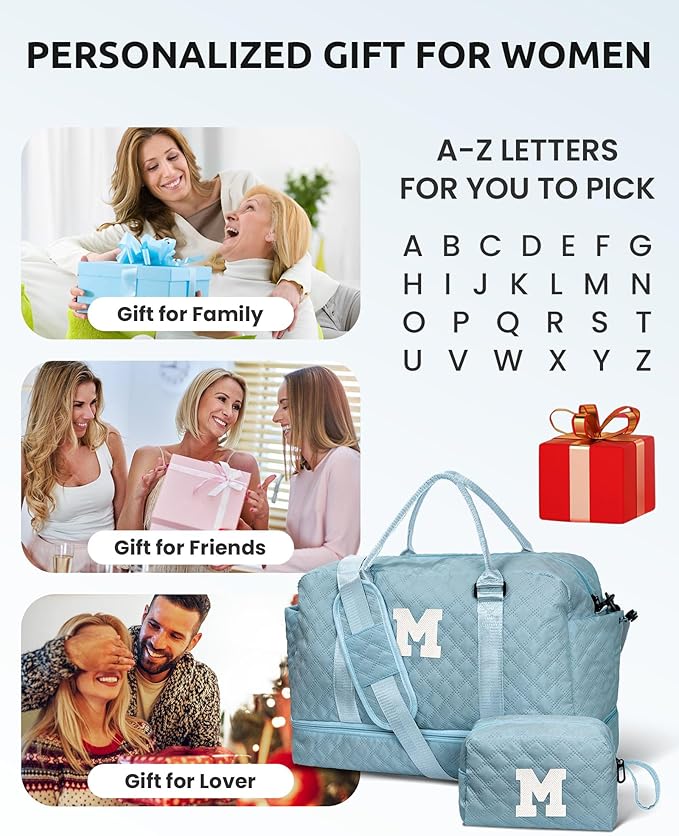 Overnight Bags for Women, Personalized Weekender Bag, Monogram Travel Bag for Women with Trolley Sleeve & Wet Pocket, Letter Travel Bag with Makeup Bag, Gift for Her(Letter D)