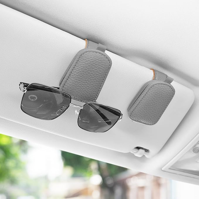 SINGARO Sunglasses Holder for Car, Leather Magnetic Buckle Sun Visor Sunglass Clip, Ticket Card Storage Glasses Clip, Car Interior Accessories for Men and Women（2PCS Gray）