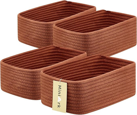 MiniArk Small Storage Baskets for Organizing | Closet Organizer Bins | Shelf Toy Basket | Woven Rope Baskets | Cube Decorative Box | Shallow Basket | 11.5x7.5x4.7” | 4 Packs Oxide Red