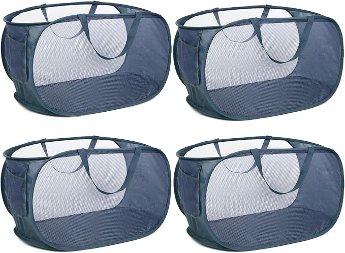 4 Pack Collapsible Laundry Baskets, Foldable Laundry Basket with Pocket, Durable Pop Up Hampers, Reinforced Handles Dirty Clothes Hamper for Laundry, Bedroom, Bathroom, Dorm, Travel or Camping Navy