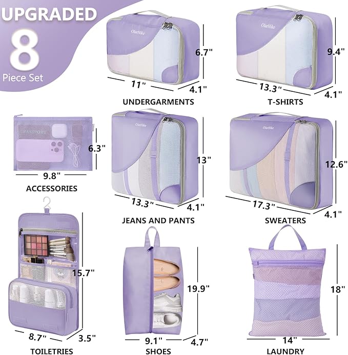 8 Set Packing Cubes for Travel, Gifts for Women & Mom, Anti-Tearing Suitcase Organizer, OlarHike Vacation Essentials & Accessories for Cruise Ship