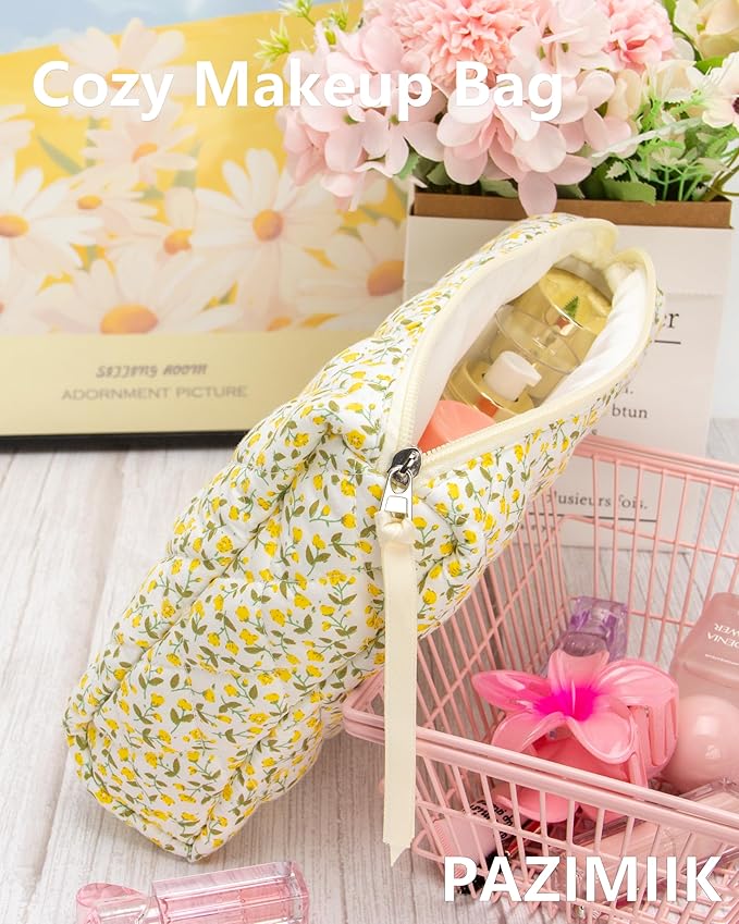 PAZIMIIK 3PCS Makeup Bag Set Large Travel Quilted Zipper Soft Cosmetic Case Pouch for Women Girls Make Up, Floral Yellow