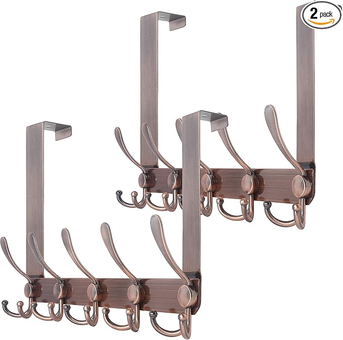 SKOLOO Over The Door Hook - for Doors up to 1-3/4'' Thickness, Pack of 2, Metal Door Hanger with 5 Triple Hooks, Copper Red Over The Door Hanger for Coats, Hats,Towels, Assembly Required