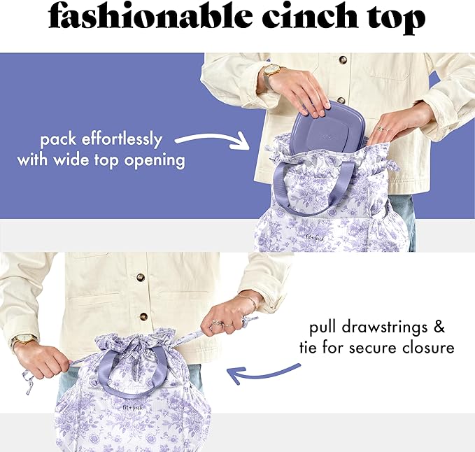Fit & Fresh Cromwell Drawstring Lunch Bag for Women, Complete Lunch Set with 2 Containers, Stain-Resistant, Leak-Resistant, Back to School Essential, Teacher Lunchbox, Lavender Floral Toile