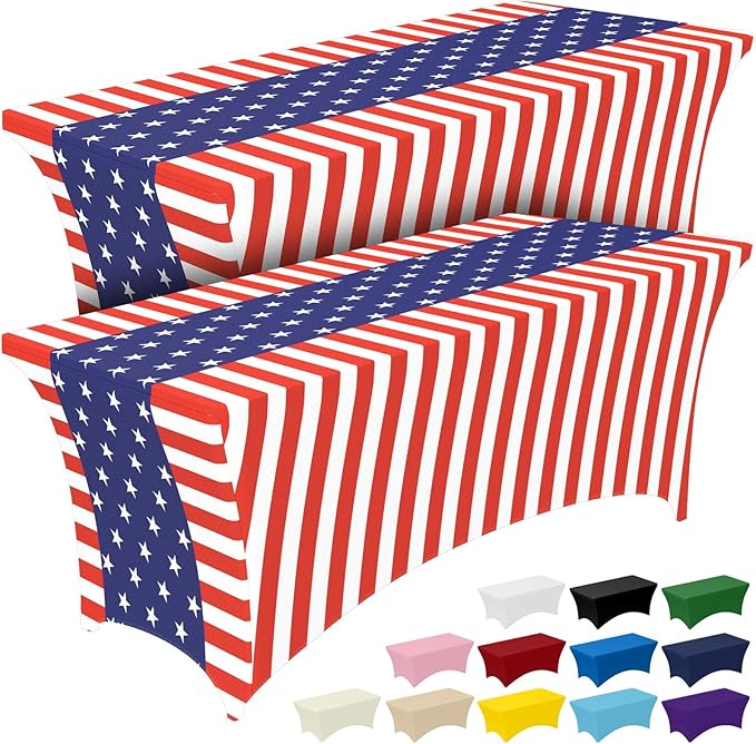 Pureegg 4th of July USA 250th Anniversary Spandex Tablecloth 6ft - 2 Pack, Patriotic American Flag Fitted Stretch Table Cover for 6 ft Rectangle Table, Tablecloth for Independence Day Party