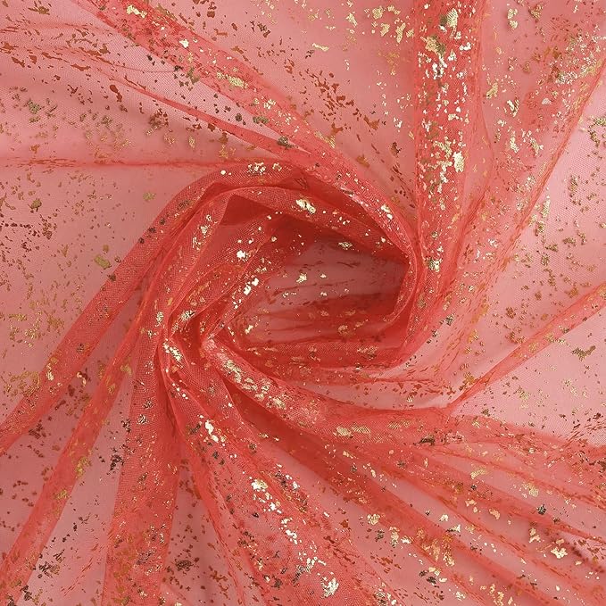 Horaldaily Red Gold Gauze Tablecloth 60x60 Inch Round, Red Sequin Glitter Metallic Foil, Sheer Tulle Cheesecloth for Wedding Baby Shower Ceremony Birthday