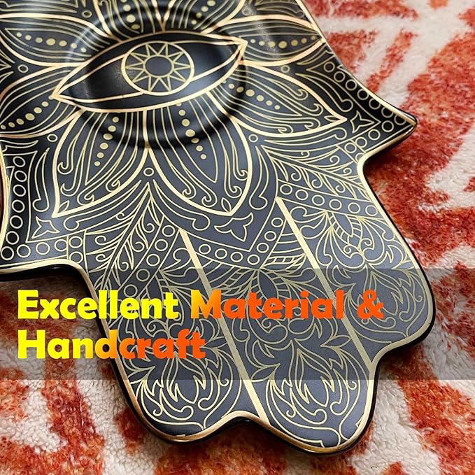 Exquisite Small Ceramic Jewelry Tray - Trinket Dish Evil Eye Decor, Gold Plate Ring Holder, Modern Boho Home Essentials, Perfume Organizer, Witchy, Aesthetic Room Decor (Black Hamsa)