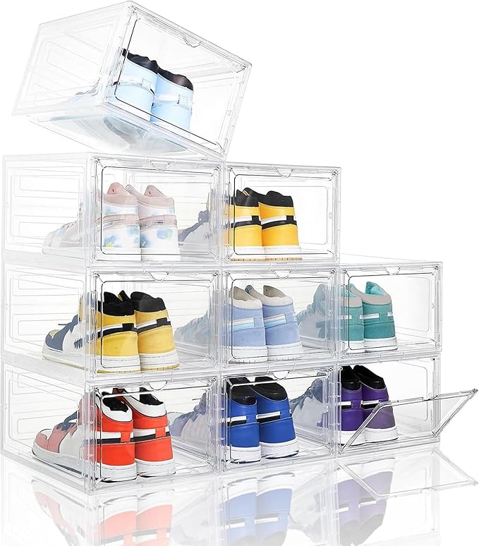 Attelite Upgraded Shoe Storage Box 9 Pack Shoe Box Clear Plastic Stackable X-Large Drop Front Shoe Box with Clear Magnetic Door, Shoe Organizer and Shoe Containers For Sneaker Display