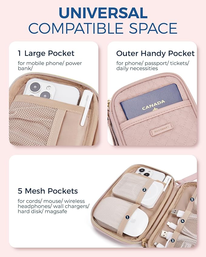 BAGSMART Cord Organizer Travel Cable Organizer Bag Tech Electronic Organizer Travel Case, Travel Essentials for Charger, Cable, Phone, Flash drive, Single Layer - Pink