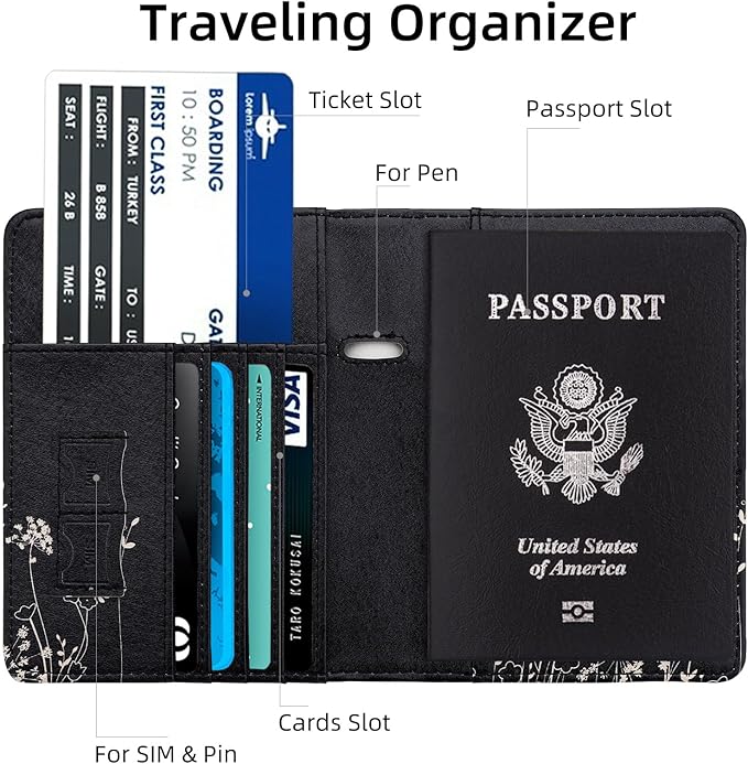 WALNEW Passport Holder for Travel, RFID Passport Cover Wallet for Women Men, PU Leather Passport Book Card Holder Case with Pen (Elastic Band Closure, D-Black Flowers)