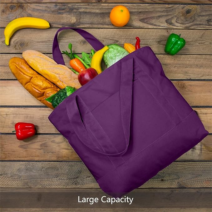 TOPDesign 3-Pack Canvas Tote Bags with an External Pocket, Reusable Grocery Shopping Bags, Top Zipper Closure, Daily Essentials (Purple)