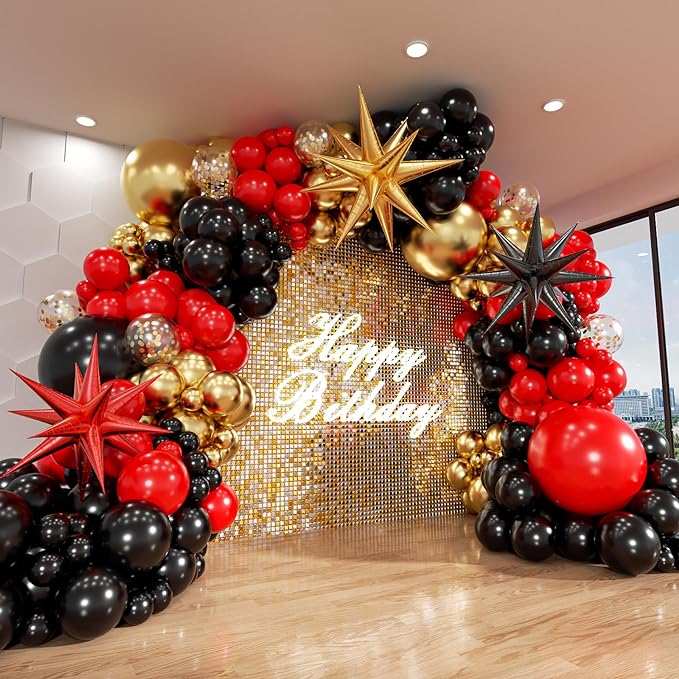 ADOINBY Red and Black Gold Balloon Arch Kit, 140Pcs Explosion Star Black and Red Metallic Gold Balloons 22 18 12 10 5 Inch Different Size Balloons for Birthday Casino Night Movie Night Decorations