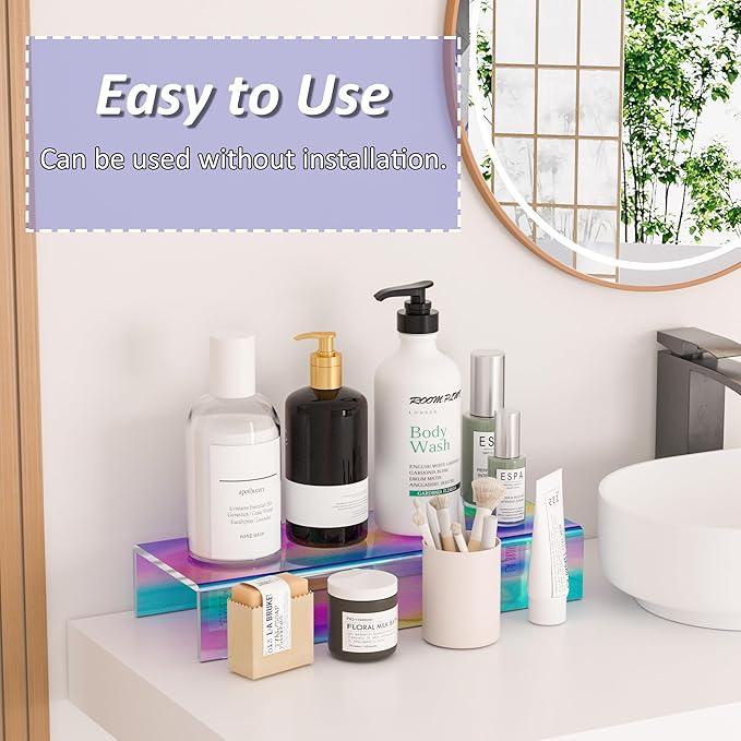 Acrylic Shelf Riser 12x4.3x2 pack of 2, Iridescent Display Shelf 12” for Shoes, Glasses, Plants, Home Decors, Perfume, 12x4.3x2 Inch