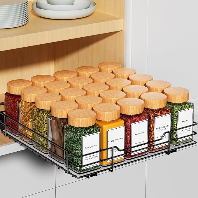 RCHYFEED Pull Out Spice Rack Organizer for Cabinet, Slide out Spice Organization for Inside Cabinets, Heavy Duty Seasoning Organizer Fits Kitchen and Pantry, Sauces, Canned (10.5''Wx10.5''Dx2.5''H)