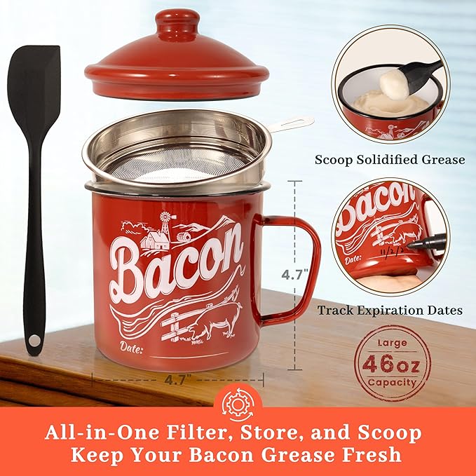 Ayerphalo Bacon Grease Container with Strainer - With Food-Grade Silicone Spatula, 46oz Large Enamel Rustic Farmhouse Fat Container, Keeper, Recipes, Dishwasher Safe