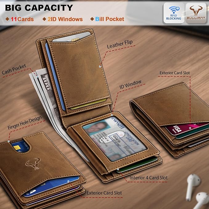 BULLIANT Men Wallet, Slim Leather Wallet Front Pocket Card Holder Gift For Men 11 Slots RFID Blocking