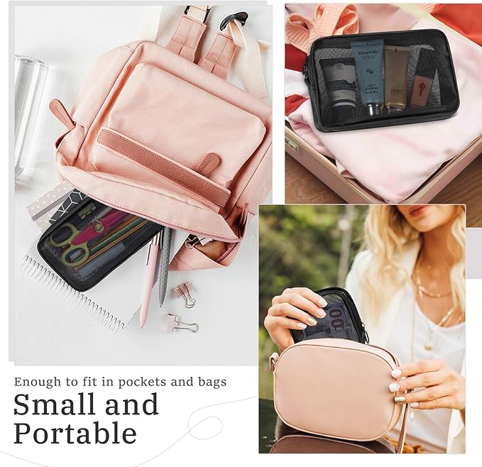 5 Pieces Mini Zipper Nylon Mesh Pouch, Mesh Cosmetic Bags Makeup Bags, Multipurpose Travel Toiletry Bags for Office Supplies and Travel Accessories (Pink, Assorted Sizes)