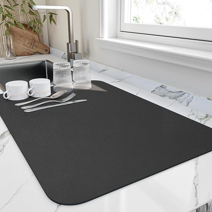 HotLive Dish Drying Mat for Kitchen Counter, Heat Resistant Drainer Mats with Non-slip Rubber Backed, Hide Stain Kitchen Super Absorbent Draining Mat, Easy to Clean Dish Rack Pad, Black 16"x20"