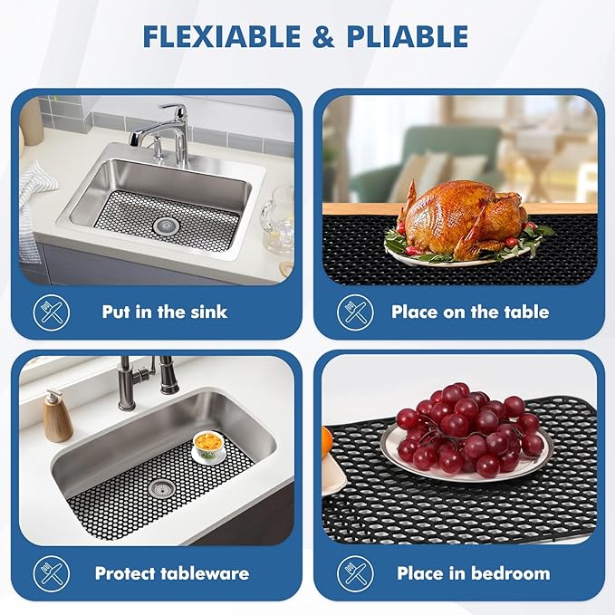 Silicone Sink Mat - 24.8''x13'' Sink Protector for Kitchen Sink with Center Drain - Kitchen Grid Accessory, Non-slip Heat Resistant Mat for Bottom of Farmhouse Stainless Steel (Center Hole)
