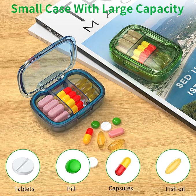 2 Pack 3 Compartment Small Pill Box, Moisture Proof Case, Travel Organizer for Pocket Purse, Daily Portable Medicine Vitamin Container, Fish Oil and Supplement Storage
