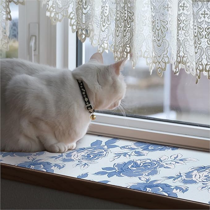 FIFTY FEET 18X96 Inch Shelf Liner for Kitchen Cabinets, PVC Drawer Liner for Dresser Non-Slip Bathroom, Non-Adhesive Cabinet Liner Washable (Blue Flower)(1 Roll)