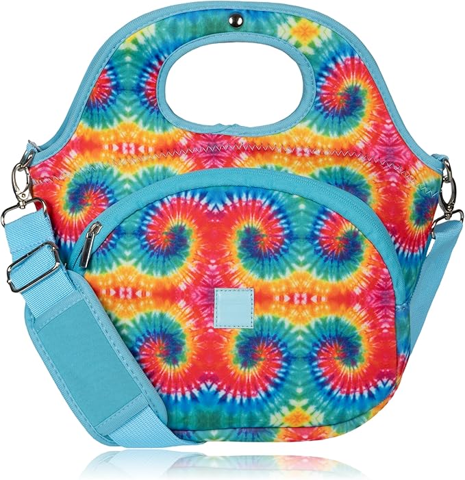 Made Easy Kit Large Insulated Lunch Tote Bag – Stylish Neoprene Carrier, Foil Lining, Front Zipper Pocket & Shoulder Strap – Machine Washable, Lightweight, Travel Ready (Tie Dye)