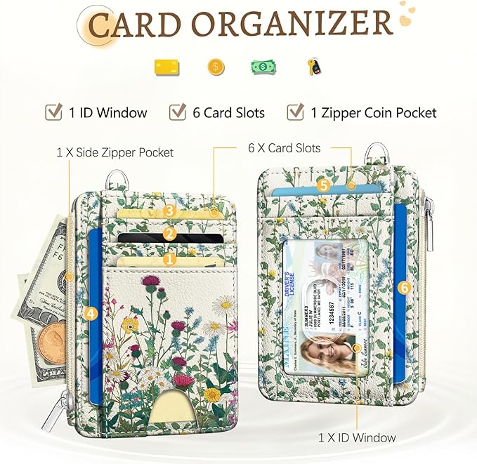 Wildflower Credit Card Holder Small Wallet Women, Flowers Slim RFID Blocking Wallet Woman Keychain with Zipper Coin Pocket, Front Pocket Thin Travel Card Case with ID Window for Ladies Gifts