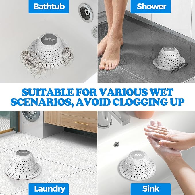 zaa Bathtub Drain Hair Catcher, Premium Silicone Shower Hair Catcher, 1Pack Hair Stopper for Pop Up & Regular Drains of Shower, Bathtub, Bathroom Sink, Bathroom Fixture Accessories, Light Gray