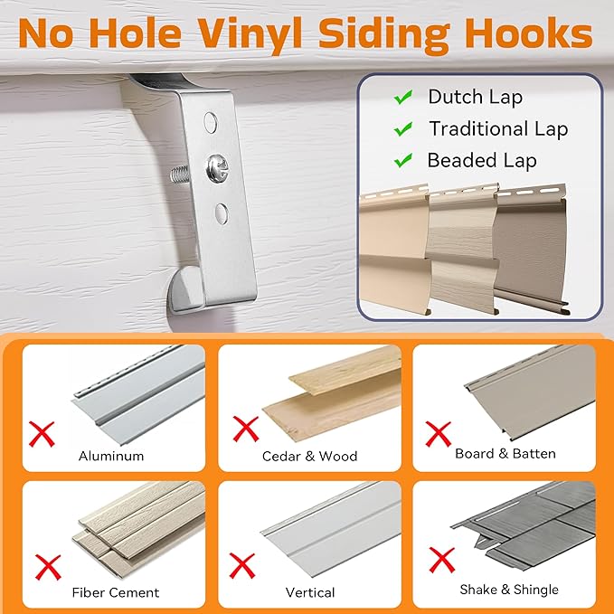 ANDGOO 8 Pack Vinyl Siding Hooks, No Hole Siding Clips with Screws, Vinyl Siding Hangers for Hanging Outdoor, Heavy Duty Outside Camera Mount, for Doorbell, Outdoor Lights & Cables