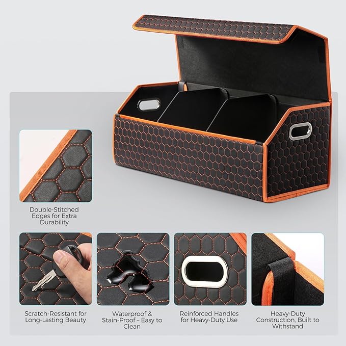 Fyzeoty Car Organizers and Storage - Trunk Organizer for SUV Car, Car Trunk Leather Storage Box, Extra Large, Magnetic Lid, Collapsible and Adjustable