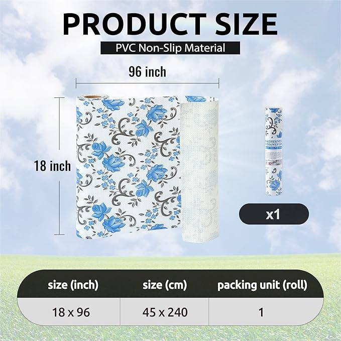 FIFTY FEET 18X96 Inch Shelf Liner for Kitchen Cabinets, PVC Drawer Liner for Dresser Non-Slip Bathroom, Non-Adhesive Cabinet Liner Washable (Blue Floral)(1 Roll)