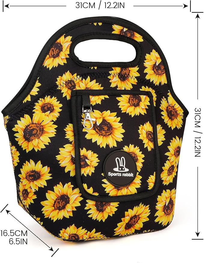 Sports rabbit Neoprene Insulated Lunch Bag for Women - Front Pocket for Phone&Keys - Reusable, Foldable, Lightweight, Waterproof, Easy to Store & Clean - Ideal for Work, Travel & Picnics (sunflower)