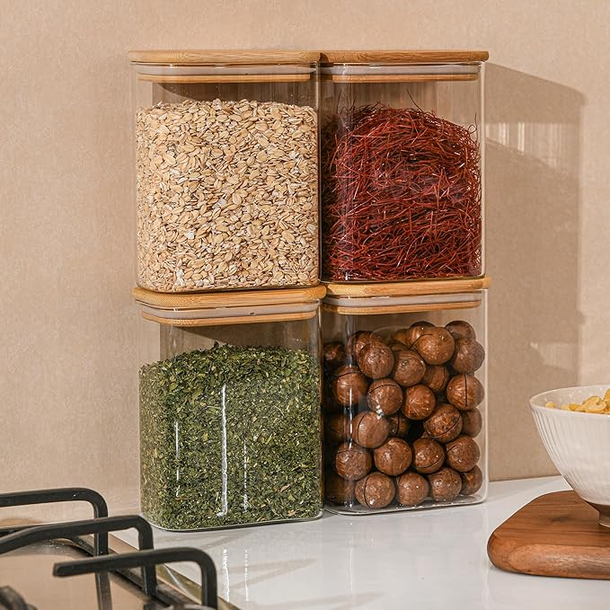 37oz Rectangle Airtight Glass Storage Containers with Bamboo Lids (Set of 4), Square Food Storage Jar, Pantry Organizers for Cereal, Nuts, Snacks and Coffee beans (with Black Label)