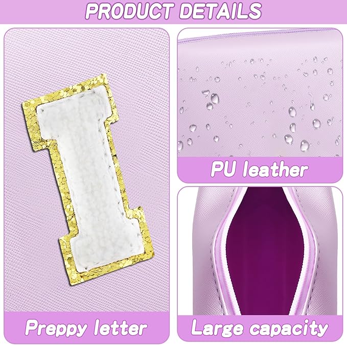Gifts for Girls Initial Makeup Bag Personalized Cosmetic Bag with Zipper Cute Travel Toiletry Bag Waterproof PU Preppy Makeup Pouch Birthday Gift for Teen Girls Women(Purple I)
