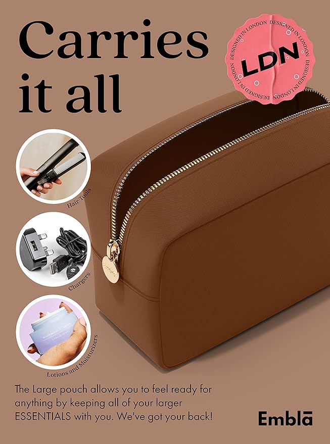 Embla Makeup Bag Travel Cosmetics Pouch and Toiletry Bag, Nylon Zipper Pouch Purse, Cute Make Up Organizer Storage Tote for Women Girls, Waterproof Travel Skincare Case, Large Makeup Bags, Chocolate