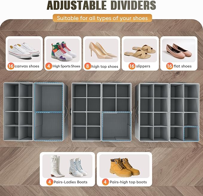 Budding Joy 2 Pack Shoe Organizer for Closet, Clear Foldable Shoe Storage Containers Adjustable Dividers Fits 16 Pairs, Shoe Storage Bins Baskets Boxes with Reinforced Handles Light Grey