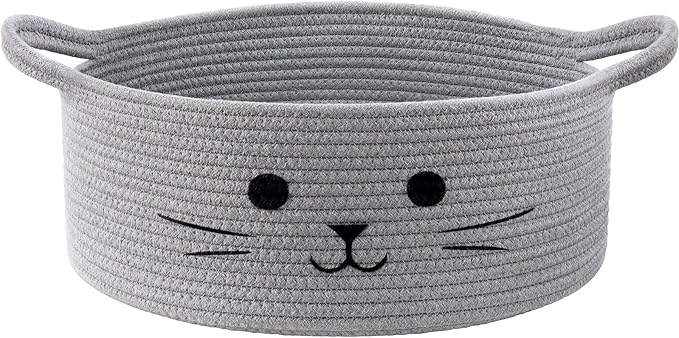 13.8" x 6" Cat Toy Basket, Woven Basket for Living Room Home Décor, Medium Empty Gift Baskets for Nursery, Cotton Rope Baskets for Cats Bed, Grey