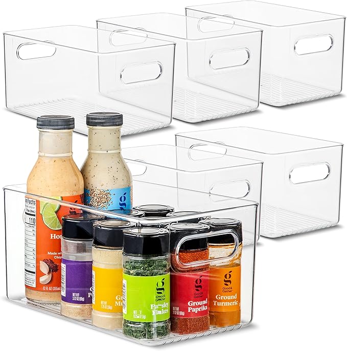Plastic Food Storage 6 Pack Clear Container Bin with Handles for Organizing Kitchen, Pantry, Fridge, Freezer, Pantry, Bathroom. 10"x6"x5"