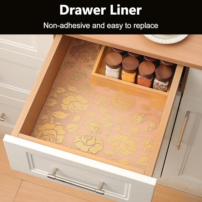 INNOLITES Shelf Liner for Cabinets, Non-Adhesive for Kitchen Drawer Liner, Waterproof Shelf Paper with Floral Pattern, Durable Easy to Clean (Golden Rose, 11.8" x 240")