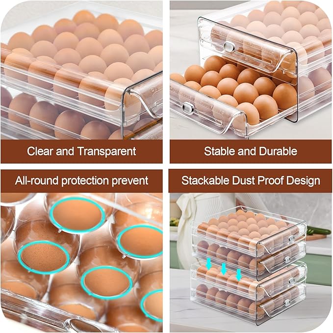 MFBJXC Egg Holder for Refrigerator, 60 Eggs Clear Drawer Organizer, 2-Layer Stackable Egg Holder Egg Trays, Egg Storage Container with Time Scale for Fridge Countertop Cabinet