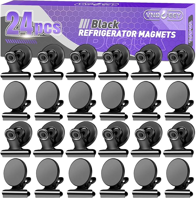 VNDUEEY 24 Pack Magnetic Clips Fridge Magnets, Strong Refrigerator Magnets for Hanging Photos, Heavy Duty Magnet Clips for Classroom, Whiteboard and Office (Black)