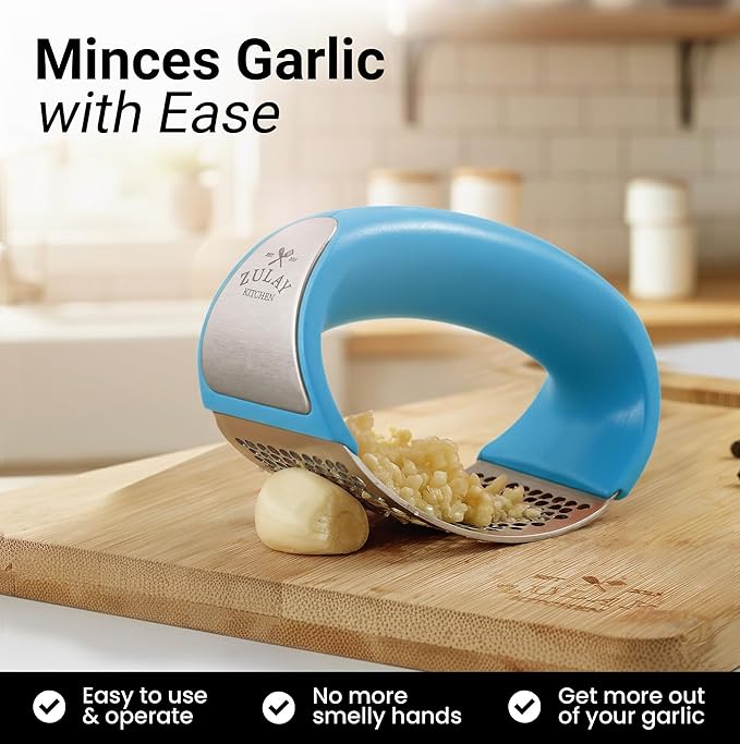 Zulay Kitchen Stainless Steel Garlic Press Rocker Set - Premium Garlic Mincer Garlic Crusher - New Innovative Garlic Crusher with Peeler and Scraper - Comfortable Grip (Blue)