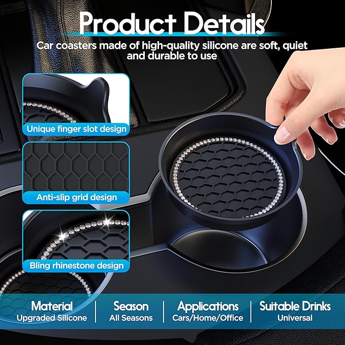 Amooca Car Cup Coaster Universal Non-Slip Cup Holders Bling Crystal Rhinestone Car Interior Accessories 4 Pack Black