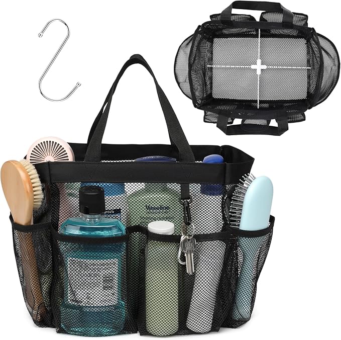 F-color Mesh Shower Caddy Portable with Dividers - Upgraded Deeper 7 Pockets Dorm Room Essentials with S Hook, Shower Bag Basket Tote for Guys Girls College Camping Toiletry Bathroom, Black
